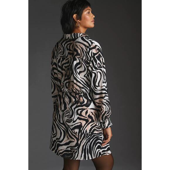 New By Anthropologie Printed Wrap Long Sleeve Mini Dress $148 PLUS 16W B and W - Picture 2 of 5